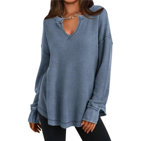PRETTYGARDEN Waffle Knit V Neck Long Sleeve Tunic Top Oversized Split Hem - Picture 7 of 7